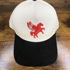 True Brvnd Pegasus Snapback Hat Cream Black Red Logo Suede Brim Cap